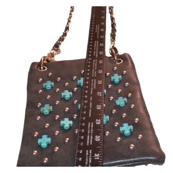 SS Fashion faux leather crossbody very dark gray black turquoise studded crosses - Picture 3 of 16